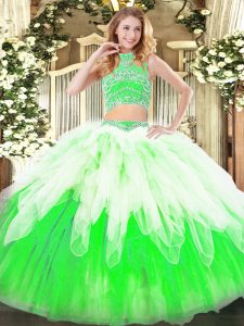 Fantastic Multi-color Two Pieces Tulle High-neck Sleeveless Beading and Ruffles Floor Length Backless Quinceanera Dresses