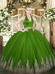 Green Tulle Zipper Quinceanera Gown Sleeveless Floor Length Appliques