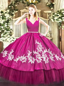 Sleeveless Floor Length Embroidery Zipper Quince Ball Gowns with Fuchsia
