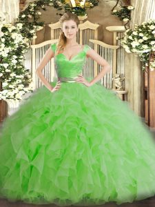 Sleeveless Organza Floor Length Zipper Quinceanera Dress in Green with Ruffles