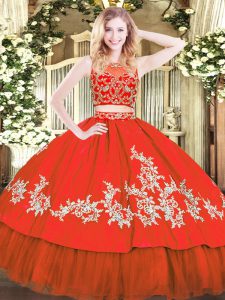 Red Two Pieces Tulle Scoop Sleeveless Beading and Appliques Floor Length Zipper Quince Ball Gowns