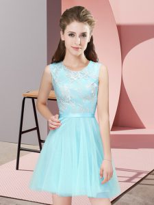 Custom Made Aqua Blue Sleeveless Mini Length Lace Side Zipper Quinceanera Dama Dress