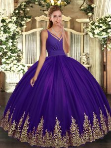 Noble Purple Ball Gowns Tulle V-neck Sleeveless Appliques Floor Length Backless Sweet 16 Dresses