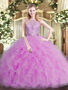 Flare Lilac Ball Gowns Beading and Ruffles 15 Quinceanera Dress Backless Tulle Sleeveless Floor Length