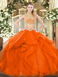 Top Selling Orange Red Two Pieces Tulle High-neck Sleeveless Beading and Ruffles Floor Length Backless Quinceanera Gowns