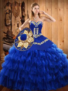 Blue Ball Gowns Sweetheart Sleeveless Tulle Floor Length Lace Up Embroidery and Ruffled Layers Ball Gown Prom Dress