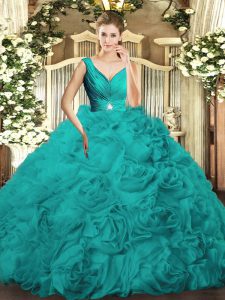 Custom Made Floor Length Turquoise Sweet 16 Dresses V-neck Sleeveless Backless