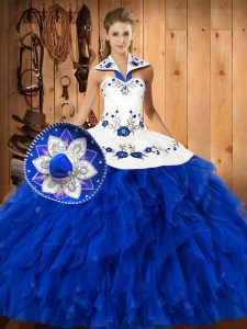 Flare Halter Top Sleeveless Satin and Organza Quinceanera Dresses Embroidery and Ruffles Lace Up