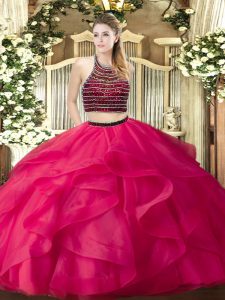 Sleeveless Organza Floor Length Zipper Quinceanera Gown in Hot Pink with Beading and Ruffles