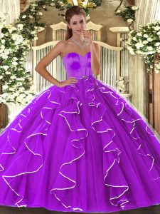 Eggplant Purple Sleeveless Beading and Ruffles Floor Length Quince Ball Gowns