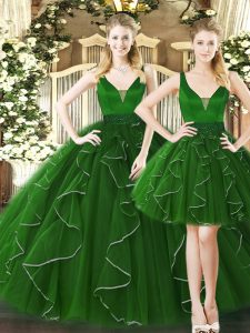 Ideal Dark Green Ball Gowns Ruffles Quinceanera Gowns Lace Up Tulle Sleeveless Floor Length