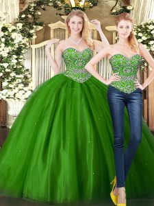 Dark Green Ball Gown Prom Dress Military Ball and Sweet 16 and Quinceanera with Beading Sweetheart Sleeveless Lace Up