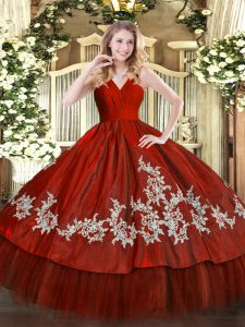 Wine Red Ball Gowns Embroidery 15 Quinceanera Dress Zipper Satin and Tulle Sleeveless Floor Length