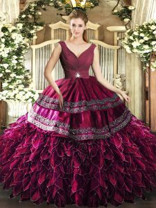 Popular Sleeveless Organza Floor Length Backless Quinceanera Gowns in Burgundy with Beading and Ruffles