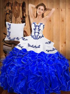 Custom Fit Floor Length Lace Up Sweet 16 Dress Blue And White for Military Ball and Sweet 16 and Quinceanera with Embroidery and Ruffles