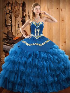 Luxurious Blue Sleeveless Embroidery and Ruffled Layers Floor Length 15th Birthday Dress