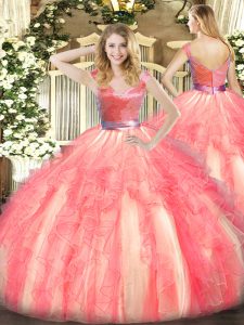 High Class Watermelon Red Sleeveless Tulle Zipper Quinceanera Dresses for Military Ball and Sweet 16 and Quinceanera