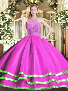 Amazing Sleeveless Tulle Floor Length Zipper Quinceanera Gowns in Fuchsia with Beading