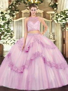 Lilac Quince Ball Gowns Military Ball and Sweet 16 and Quinceanera with Beading and Appliques Scoop Sleeveless Zipper