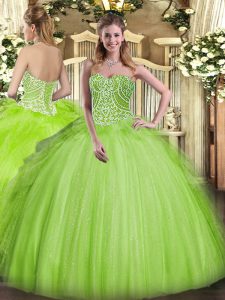 Exceptional Sweetheart Sleeveless Quince Ball Gowns Floor Length Beading and Ruffles Yellow Green Organza