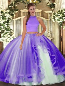 Sophisticated Lavender Two Pieces Tulle Halter Top Sleeveless Beading and Ruffles Floor Length Backless Sweet 16 Quinceanera Dress