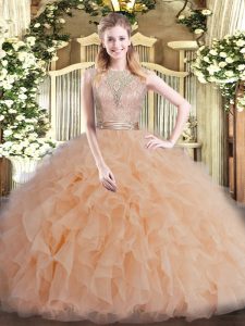 Clearance Scoop Sleeveless Ball Gown Prom Dress Floor Length Beading and Ruffles Peach Tulle