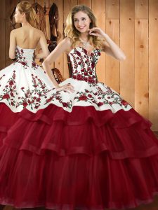 Wine Red Sleeveless Sweep Train Embroidery 15th Birthday Dress