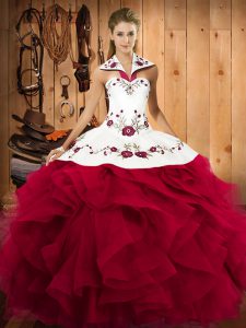 Custom Design Floor Length Lace Up Sweet 16 Dresses Red for Military Ball and Sweet 16 and Quinceanera with Embroidery and Ruffles