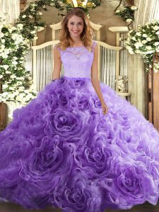 Stylish Lavender Ball Gowns Scoop Sleeveless Fabric With Rolling Flowers Floor Length Zipper Lace Sweet 16 Dresses