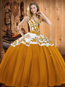 Gold Ball Gowns Sweetheart Sleeveless Satin and Tulle Floor Length Lace Up Embroidery Sweet 16 Quinceanera Dress