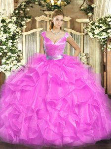 Classical V-neck Sleeveless Quinceanera Gown Floor Length Beading and Ruffles Fuchsia Tulle