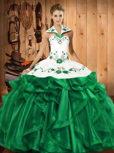 Green Satin and Organza Lace Up Halter Top Sleeveless Floor Length Ball Gown Prom Dress Embroidery and Ruffles