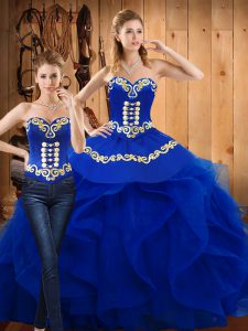 Comfortable Sleeveless Satin and Organza Floor Length Lace Up Sweet 16 Dress in Blue with Embroidery and Ruffles