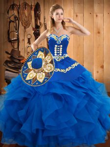 Satin and Organza Sweetheart Sleeveless Lace Up Embroidery and Ruffles Sweet 16 Quinceanera Dress in Blue