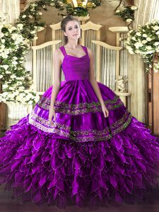 Fuchsia Organza Zipper Ball Gown Prom Dress Sleeveless Floor Length Beading and Lace and Ruffles