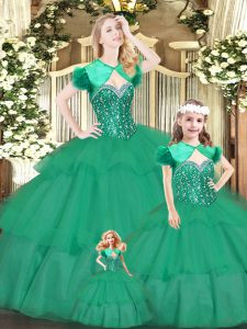 Green Quinceanera Dresses Military Ball and Sweet 16 and Quinceanera with Beading and Ruffled Layers Sweetheart Sleeveless Lace Up