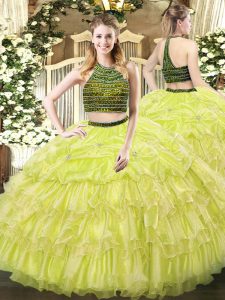 Unique Yellow Green Zipper Sweet 16 Dresses Beading and Ruffled Layers Sleeveless Floor Length