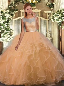 Dazzling Peach Ball Gowns Tulle Scoop Sleeveless Lace and Ruffles Floor Length Backless Sweet 16 Dress