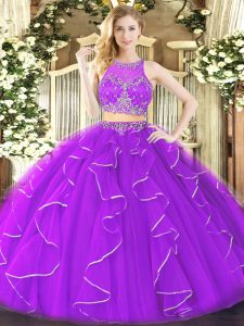 Most Popular Purple Ball Gowns Organza Scoop Sleeveless Ruffles Floor Length Zipper Quinceanera Gowns