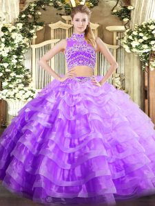 Affordable Sleeveless Floor Length Beading and Ruffled Layers Backless Vestidos de Quinceanera with Lavender