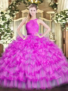 Fuchsia Ball Gowns Scoop Sleeveless Organza Floor Length Zipper Ruffled Layers Sweet 16 Dress