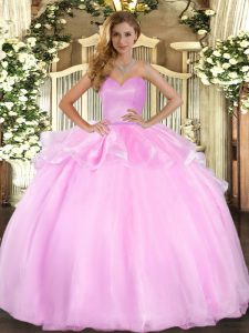 Pink Organza Lace Up Sweetheart Sleeveless Floor Length Quinceanera Gowns Beading and Ruffles