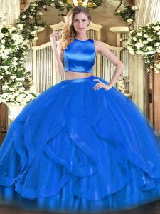 Decent Blue Two Pieces High-neck Sleeveless Tulle Floor Length Criss Cross Ruffles 15 Quinceanera Dress