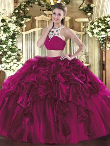 Adorable Tulle Sleeveless Floor Length 15th Birthday Dress and Beading and Ruffles