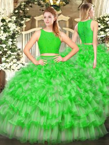Perfect Two Pieces 15th Birthday Dress Green Scoop Tulle Sleeveless Floor Length Zipper