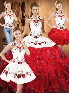 White And Red Ball Gowns Satin and Organza Halter Top Sleeveless Embroidery and Ruffles Floor Length Lace Up Ball Gown Prom Dress