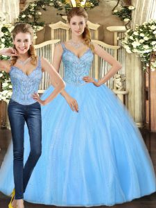Attractive Straps Sleeveless Lace Up Quinceanera Gowns Baby Blue Tulle