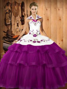 Sumptuous Eggplant Purple Sleeveless Embroidery and Ruffled Layers Lace Up 15th Birthday Dress