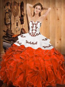 Rust Red 15th Birthday Dress Military Ball and Sweet 16 and Quinceanera with Embroidery and Ruffles Strapless Sleeveless Lace Up