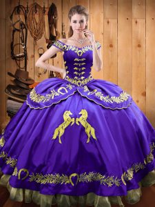 Traditional Sleeveless Satin and Organza Floor Length Lace Up Quinceanera Gown in Eggplant Purple with Beading and Embroidery